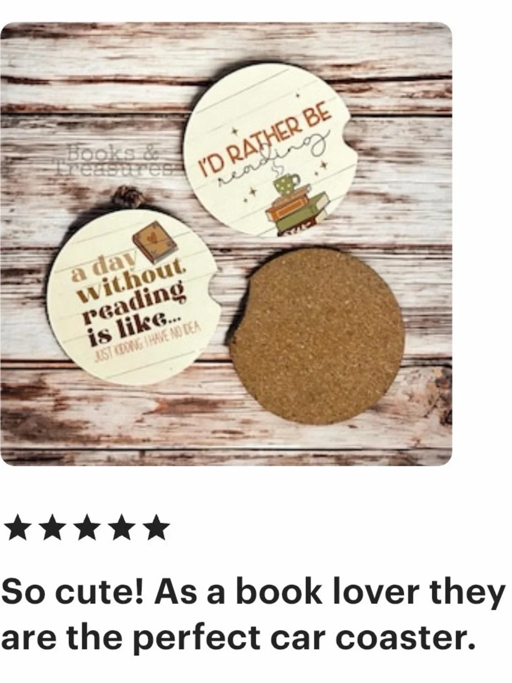 Bookish Car Coasters Set of 2 Wooden “Id rather be reading”